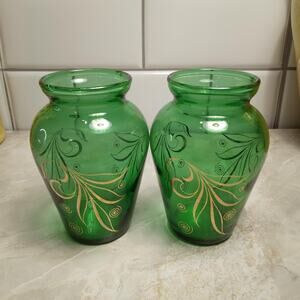 2 Emerald Green & Gold Mini Bud Vases Green Glass wGold Swirl Design Vintage MCM